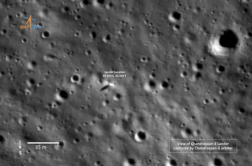 Image of Chandrayaan-3 Lander captured by OHRC camera aboard Chandrayaan-2 Orbiter.webp